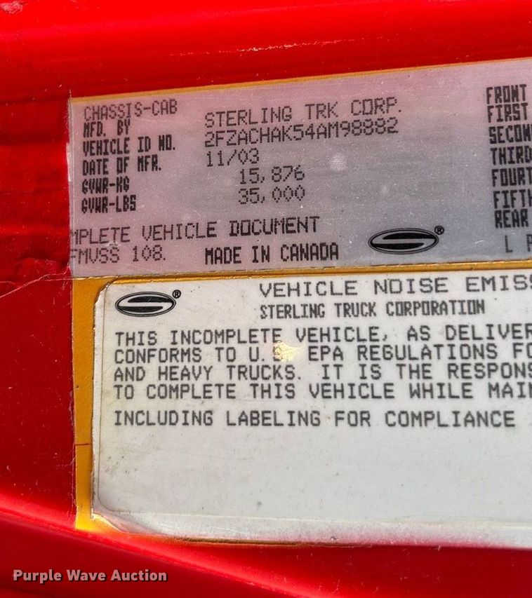 image for item ET6796 2004 Sterling Acterra dump truck