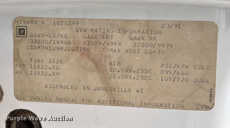 image for item ET7352 1991 Chevrolet Kodiak C6500 pumper fire truck