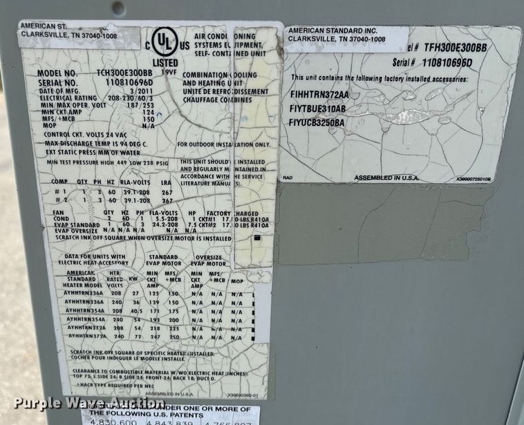 image for item EU7124 American Standard TCH300E300BB HVAC unit