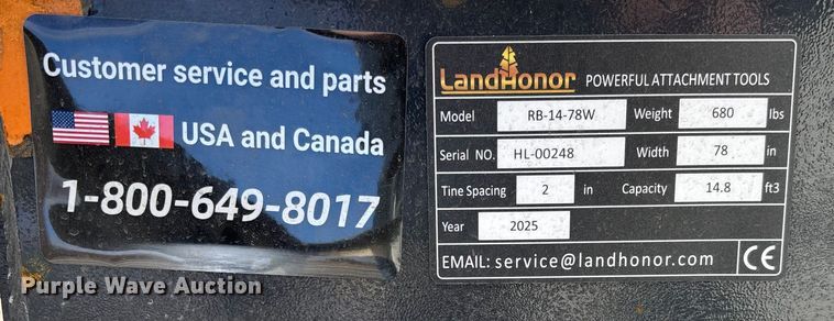 image for item EV3442 2025 LandHonor RB-14-78W skid steer rock bucket