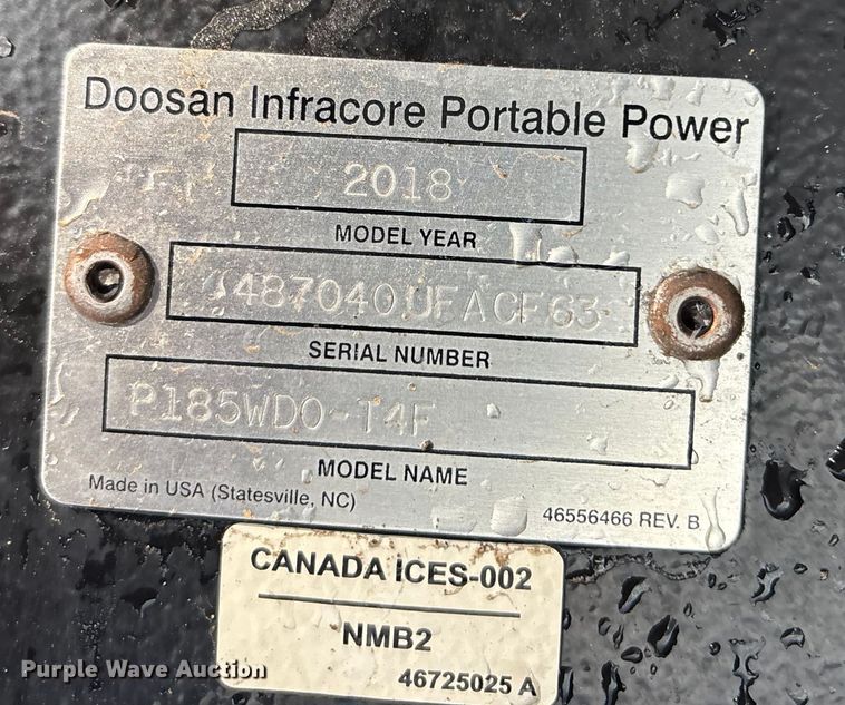 image for item FG1677 2018 Ingersoll Rand P185 air compressor