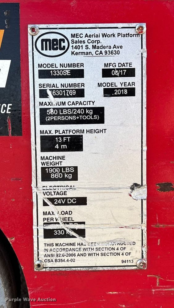 image for item FG1681 2018 MEC 1330SE scissor lift