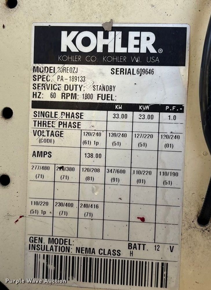image for item FG1682 Kohler 33KW generator