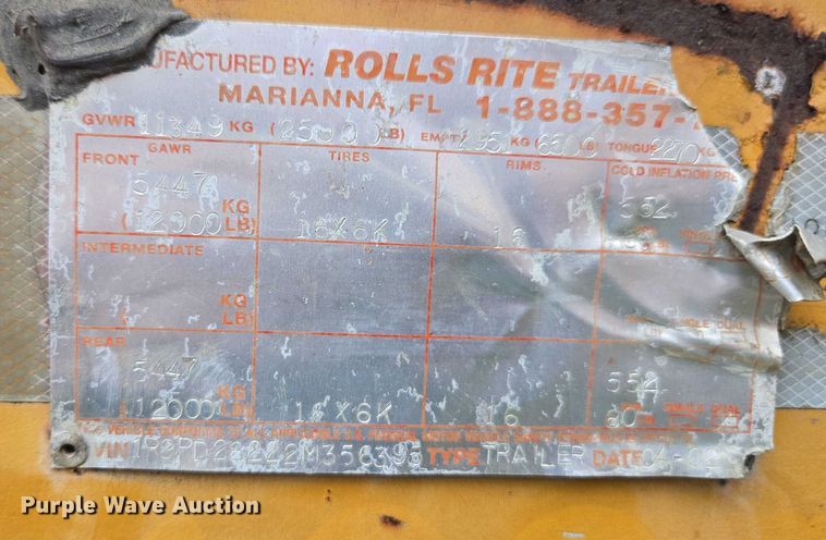 image for item DU2582 2002 Rolls Rite equipment trailer