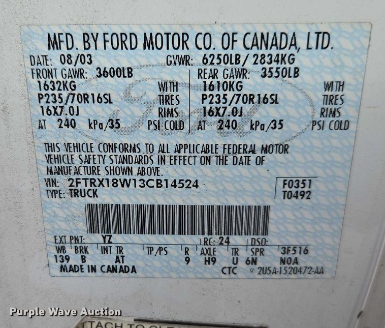 image for item DU2595 2003 Ford F150 XL pickup truck