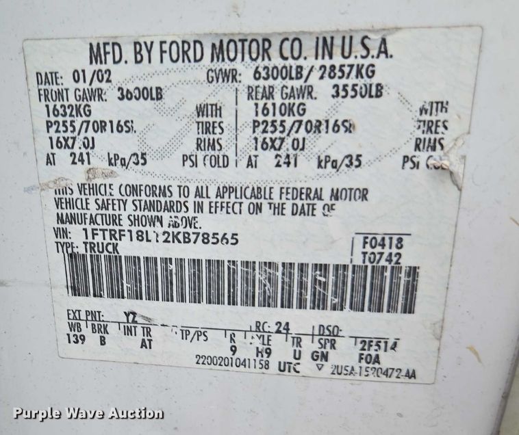 image for item DU2596 2002 Ford F150 XL pickup truck