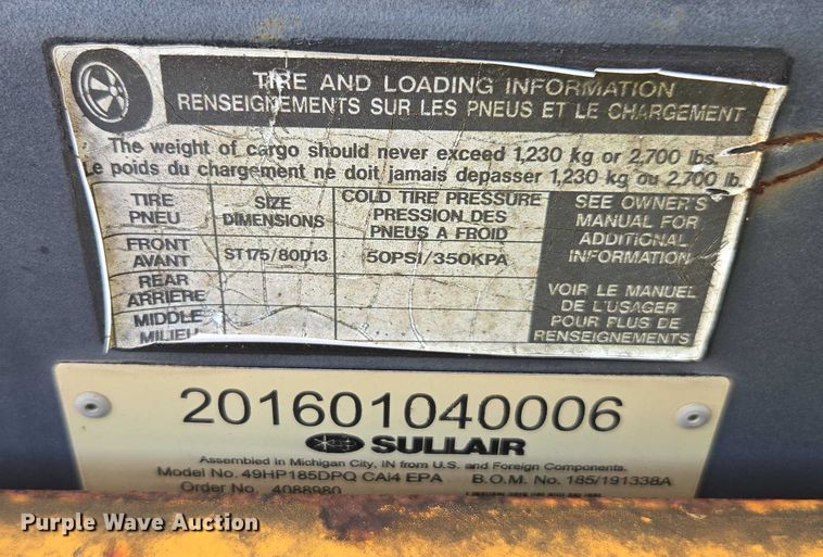 image for item DU2621 Sullair 185 air compressor