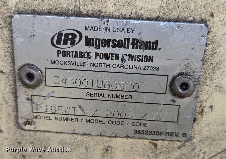 image for item DU2623 2004 Ingersol Rand P185WIR air compressor
