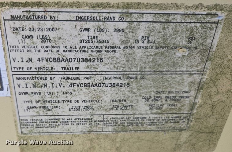 image for item DU2624 2007 Ingersoll Rand P185 air compressor