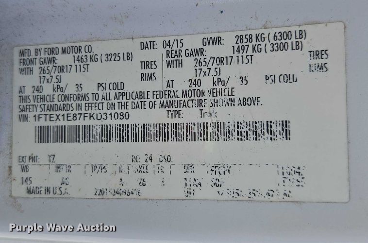 image for item DU2632 2015 Ford F150 XL Ext. Cab pickup truck