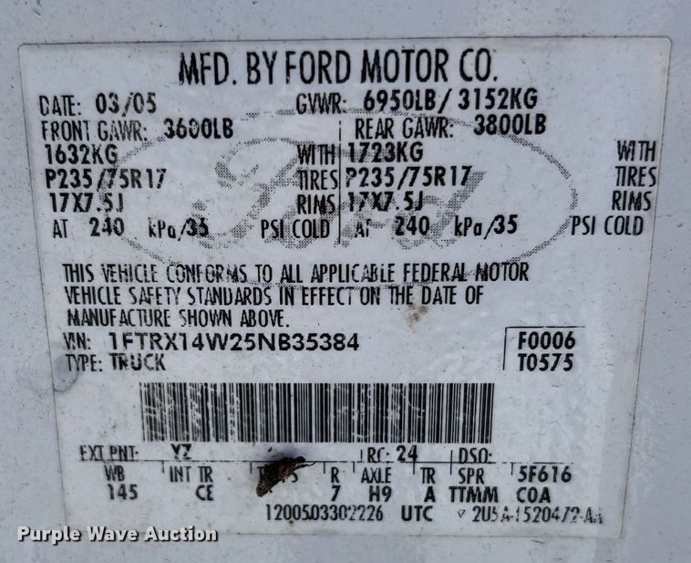 image for item DU2641 2005 Ford F150 Super Duty XL Ext. Cab pickup truck