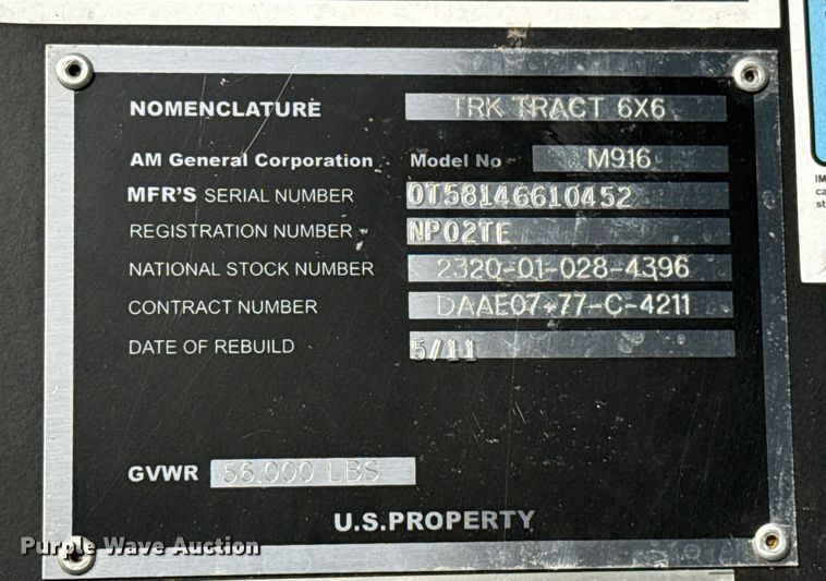 image for item DW5205 2011 AM General M916 semi truck