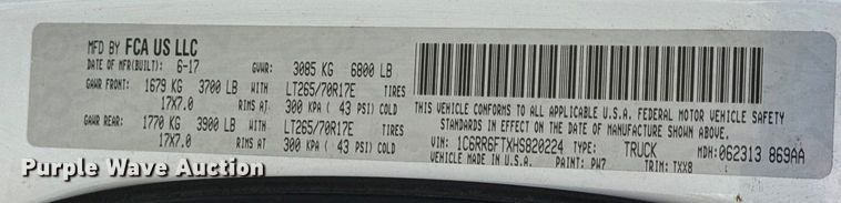 image for item DW6712 2017 RAM 1500 Ext. Cab pickup truck