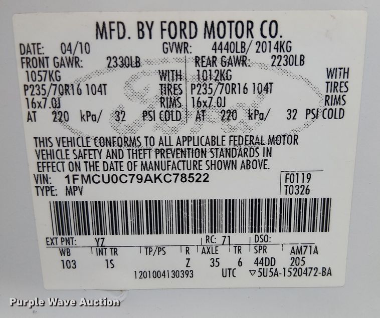 image for item EE5084 2010 Ford Escape SUV