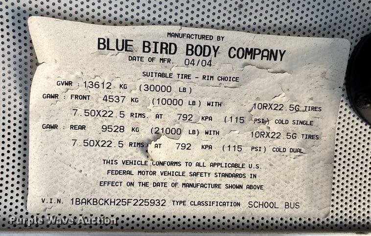 image for item EJ7773 2005 Blue Bird Bb Conventional school bus