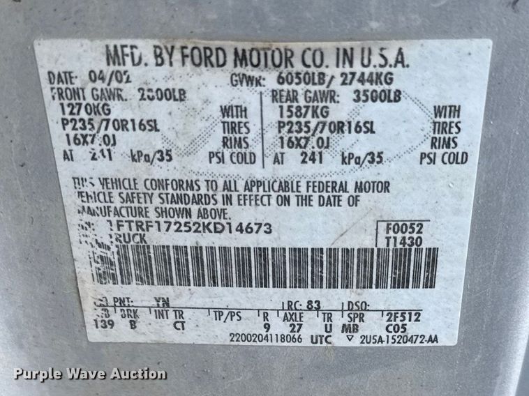 image for item EN0154 2002 Ford F150 pickup truck