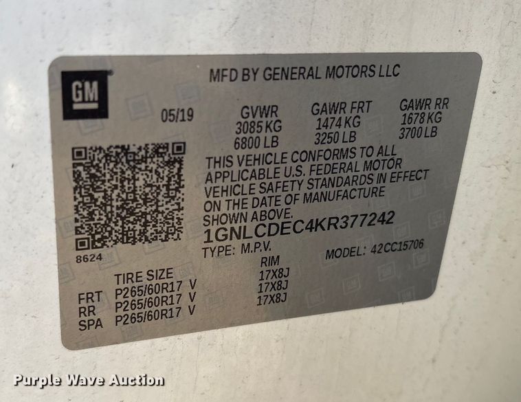 image for item ET1067 2019 Chevrolet Tahoe Police  SUV