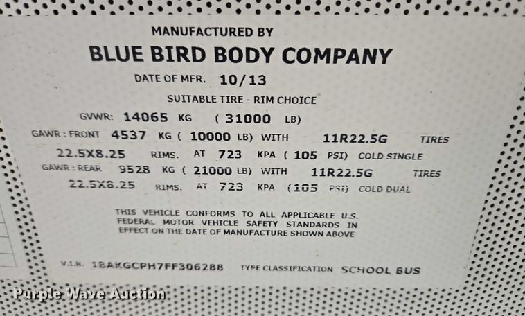 image for item ET1098 2015 Blue Bird Bb Conventional school bus