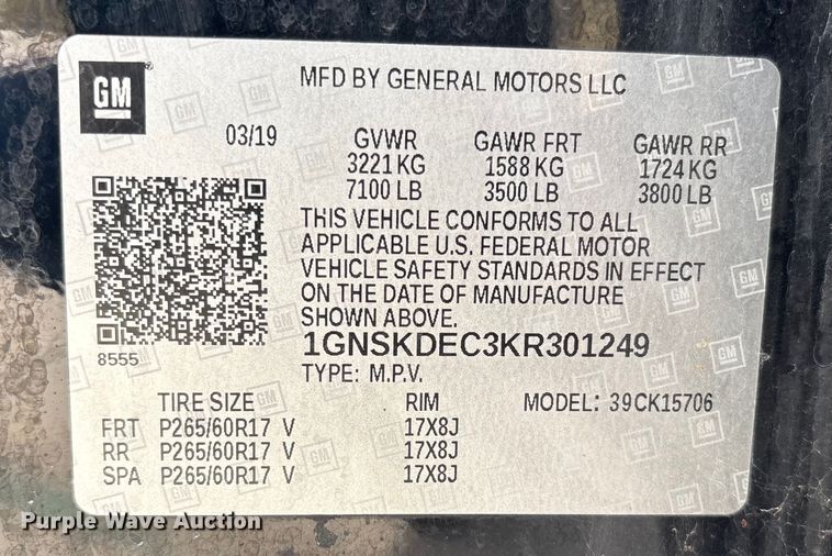 image for item ET4080 2019 Chevrolet Tahoe Police SUV