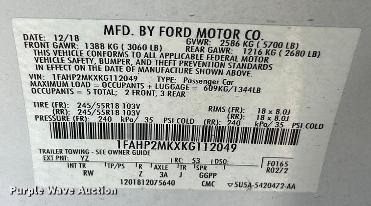 image for item ET6802 2019 Ford Taurus Police Interceptor 