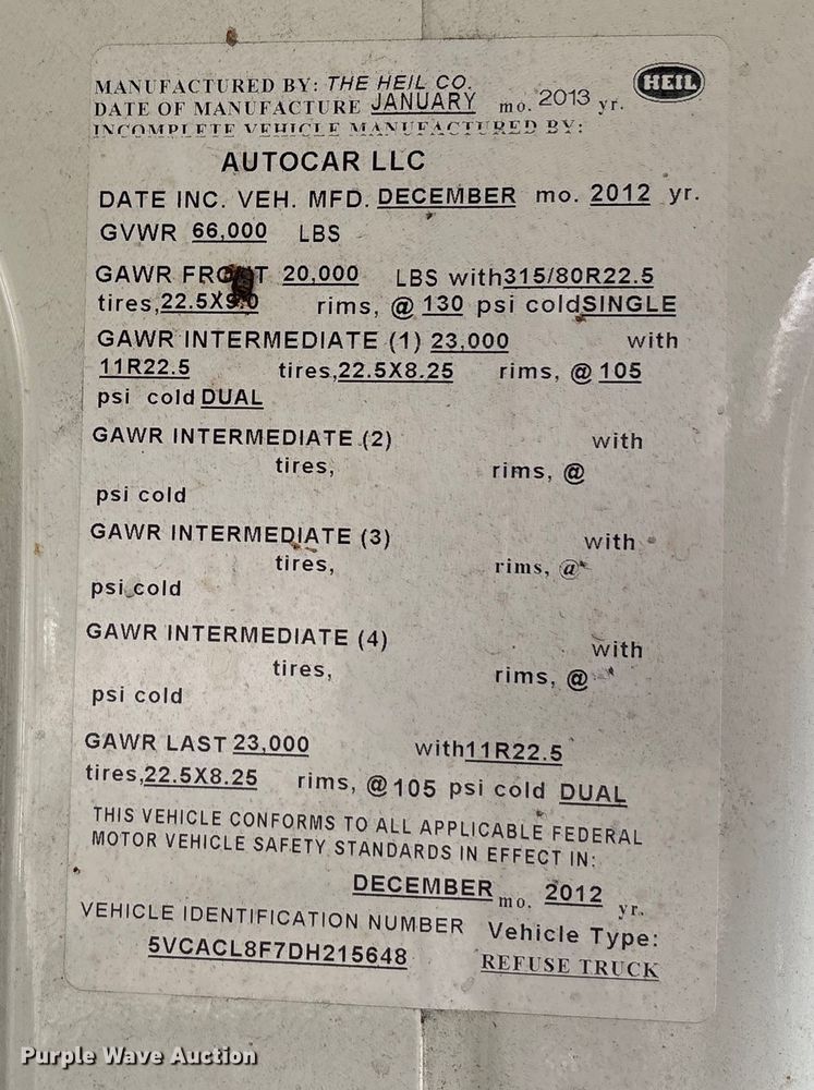 image for item EU0156 2013 Autocar ACX Xpeditor refuse truck