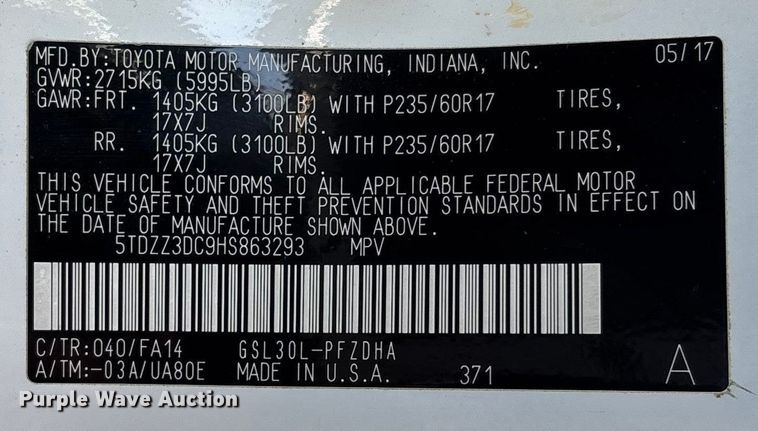 image for item EV3474 2017 Toyota Sienna van