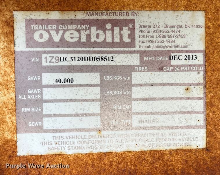 image for item FB8478 2013 Overbilt equipment trailer