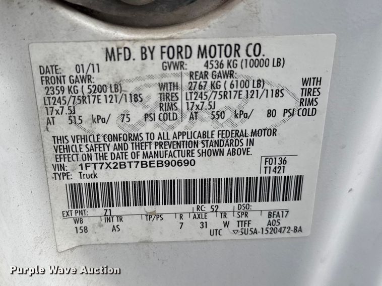 image for item FB8494 2011 Ford F250 Super Duty Ext. Cab pickup truck