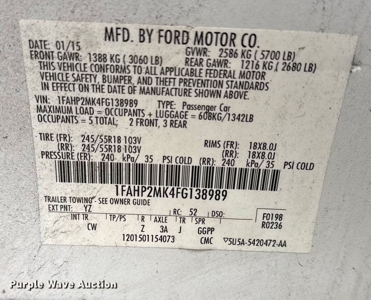 image for item FB8502 2015 Ford Taurus Police Interceptor 