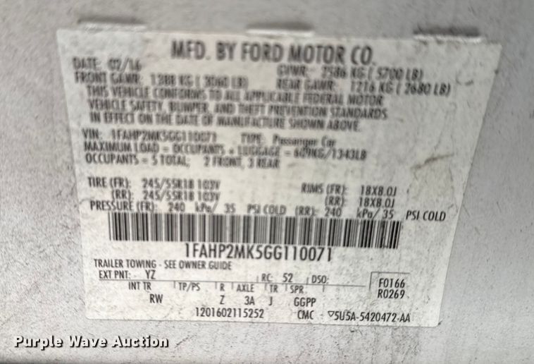 image for item FB8507 2016 Ford Taurus Police Interceptor 