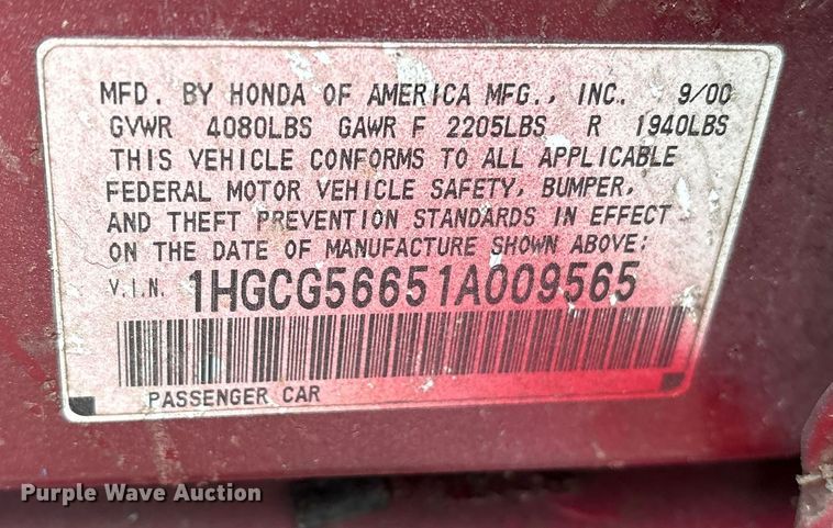 image for item FB8508 2001 Honda Accord 