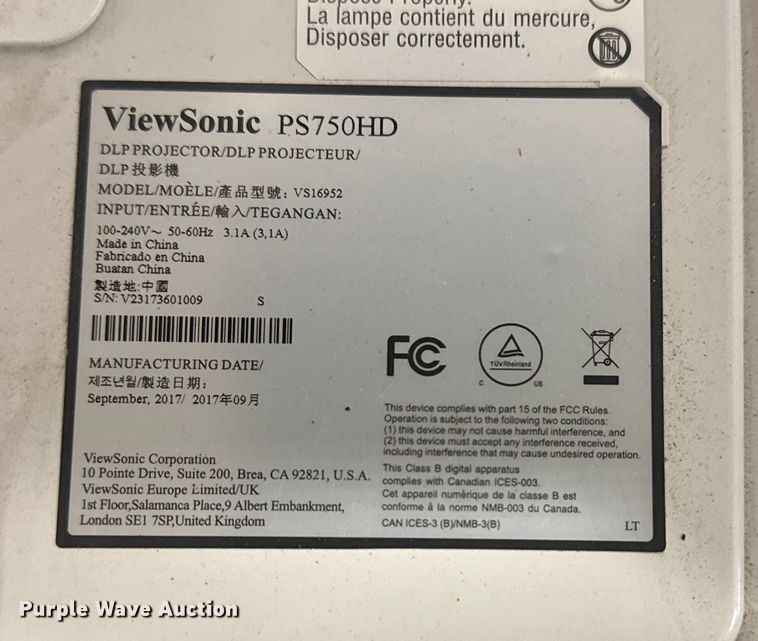 image for item FB8515 (2) ViewSonic PS750HD projectors with remotes 