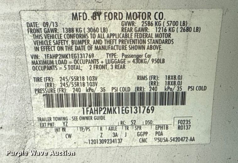 image for item FB8527 2014 Ford Taurus Police Interceptor 