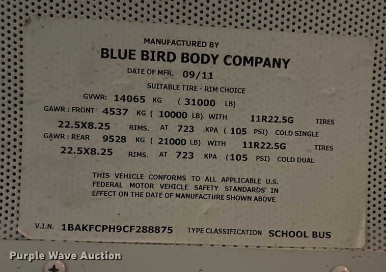 image for item FG1568 2012 Blue Bird Bb Conventional school bus