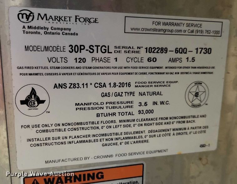 image for item NO9859 Market Forge 30P- STGL tilting Skillet