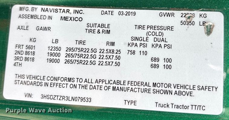 image for item DU0292 2020 International LT625 semi truck