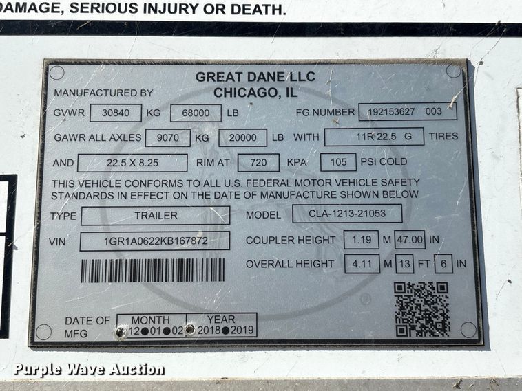 image for item EA7138 2019 Great Dane CLA-1213-21053 dry van trailer