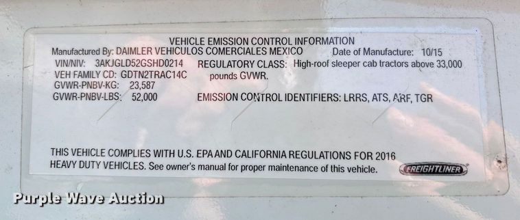 image for item EA7826 2016 Freightliner Cascadia 125 semi truck