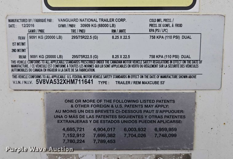 image for item EB1215 2017 Vanguard National Trailer Corporation MaxCube dry van trailer