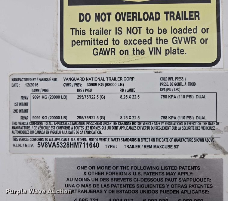 image for item EB1216 2017 Vanguard National Trailer Corporation MaxCube dry van trailer