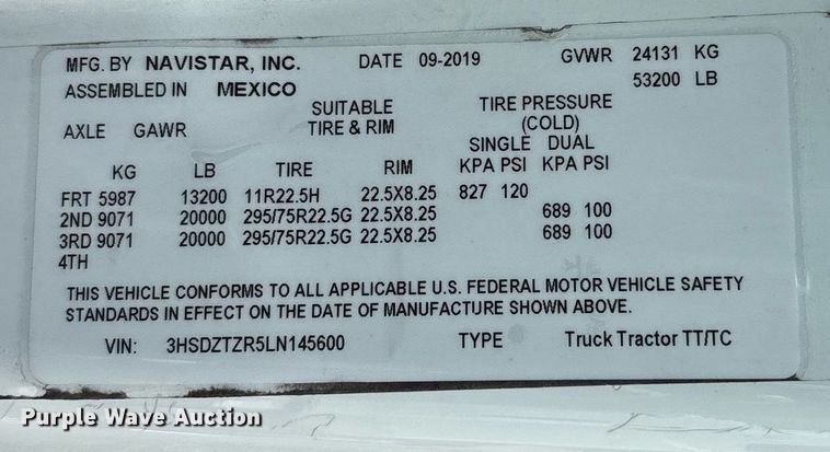 image for item EC3593 2020 International LT625 semi truck