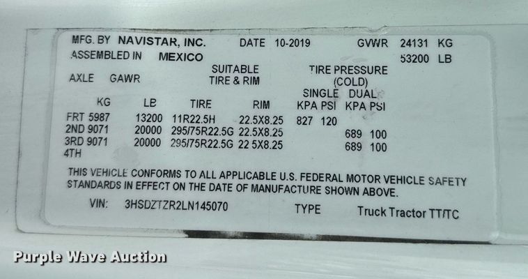 image for item EC3652 2020 International LT625 semi truck