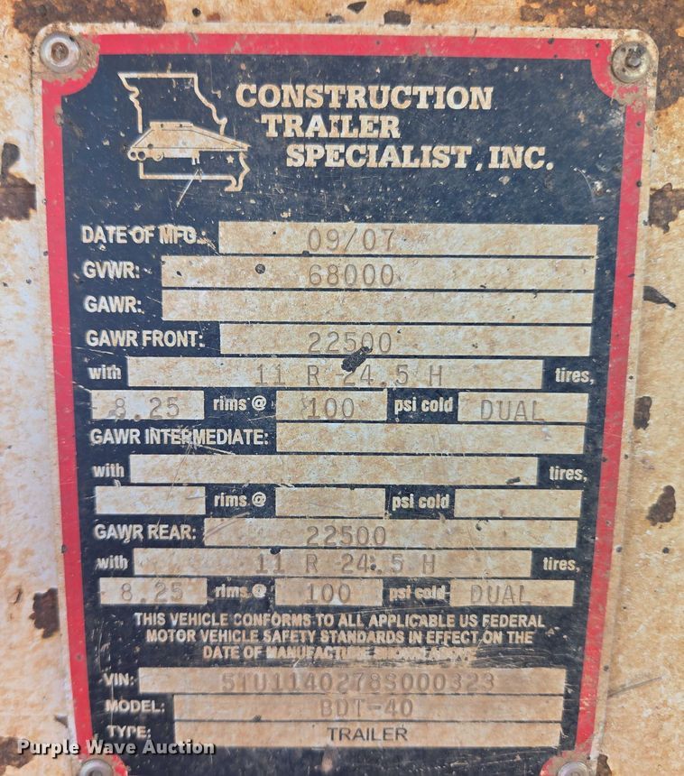 image for item ET5438 2008 Construction Trailer Specialist, INC. BDT40 bottom dump trailer