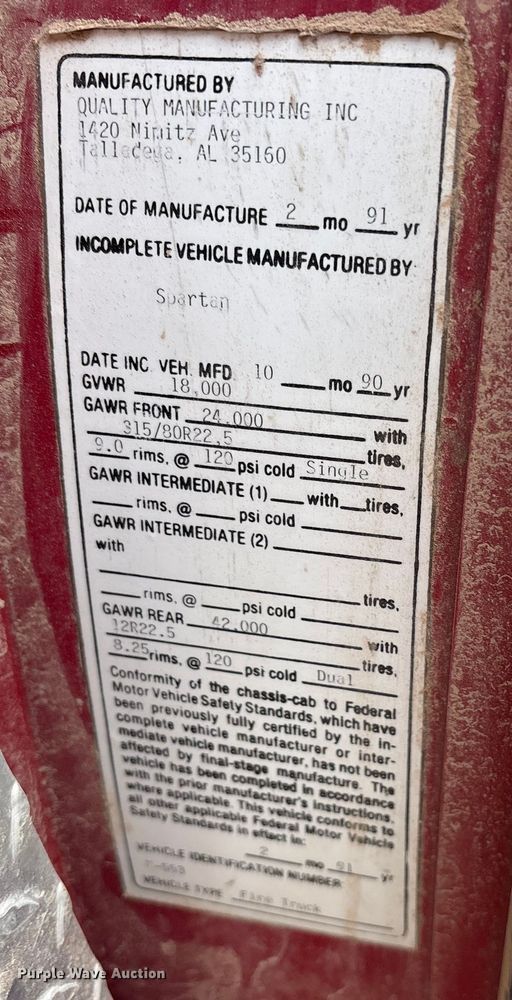 image for item ET7461 1991 Spartan Gladiator pumper fire truck