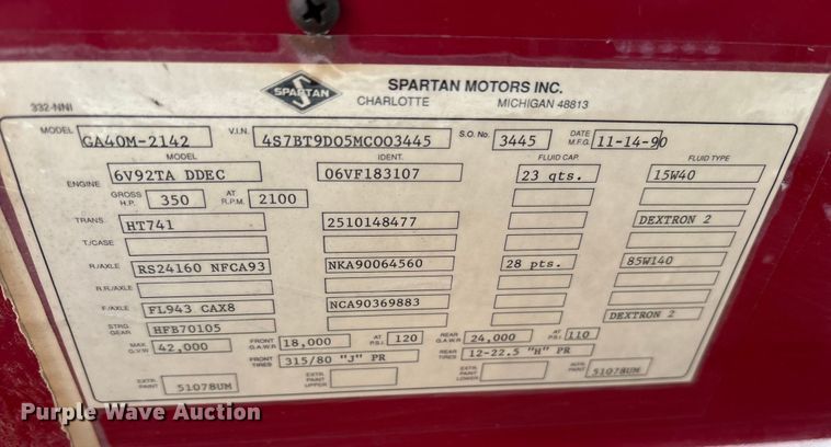 image for item ET7461 1991 Spartan Gladiator pumper fire truck