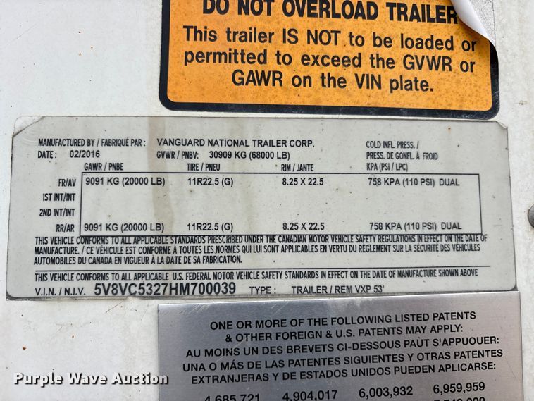 image for item ET7464 2017 Vanguard dry van trailer