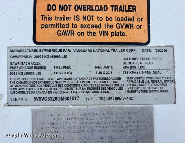 image for item ET7465 2016 Vanguard dry van trailer