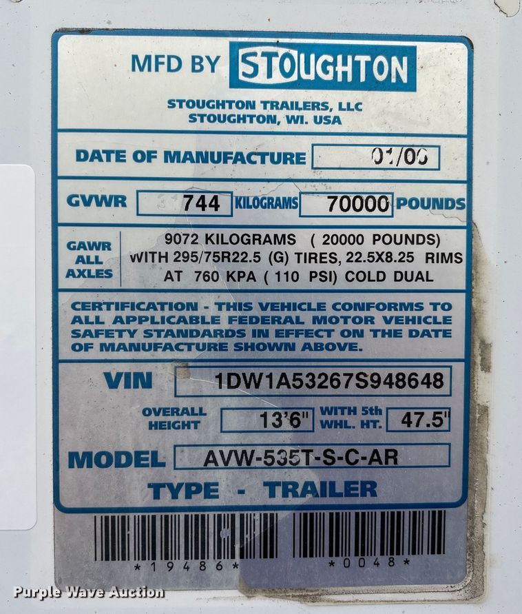 image for item FK1048 2007 Stoughton Trailers AVW-535T-S-C-AR dry van trailer