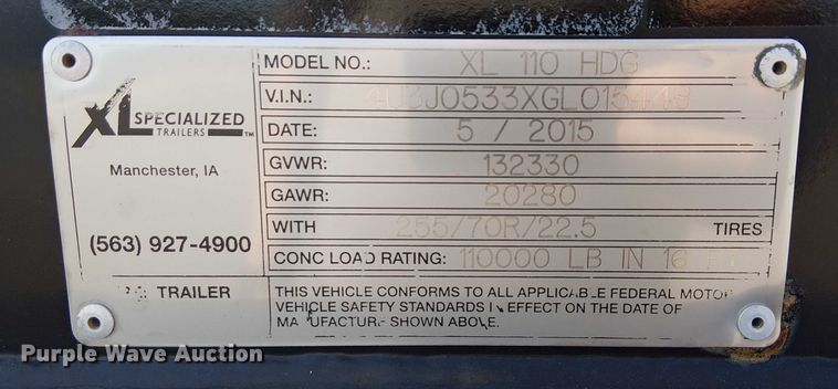 image for item NU9732 2016 XL Specialized Trailers XL110HDG lowboy equipment trailer