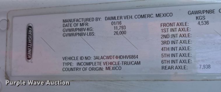 image for item YA1092 2017 Freightliner Business Class M2 box truck